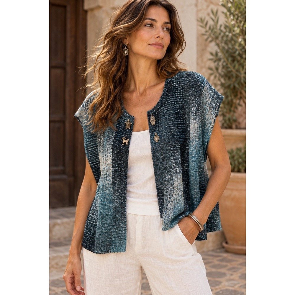 Candiss Cole Blue Black Textured Knit Vest Top Artisan Charm Embellished Boho